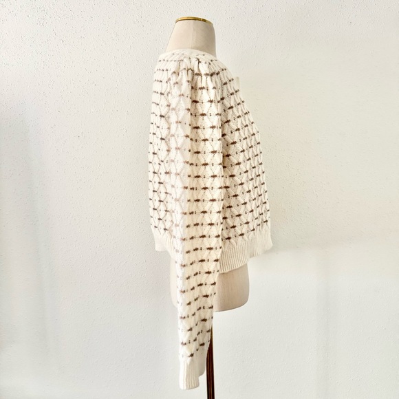 New ELLEN TRACY Ivory Brown Chunky Crop Knit Cardigan Sweater Women's Size Large - Picture 4 of 6